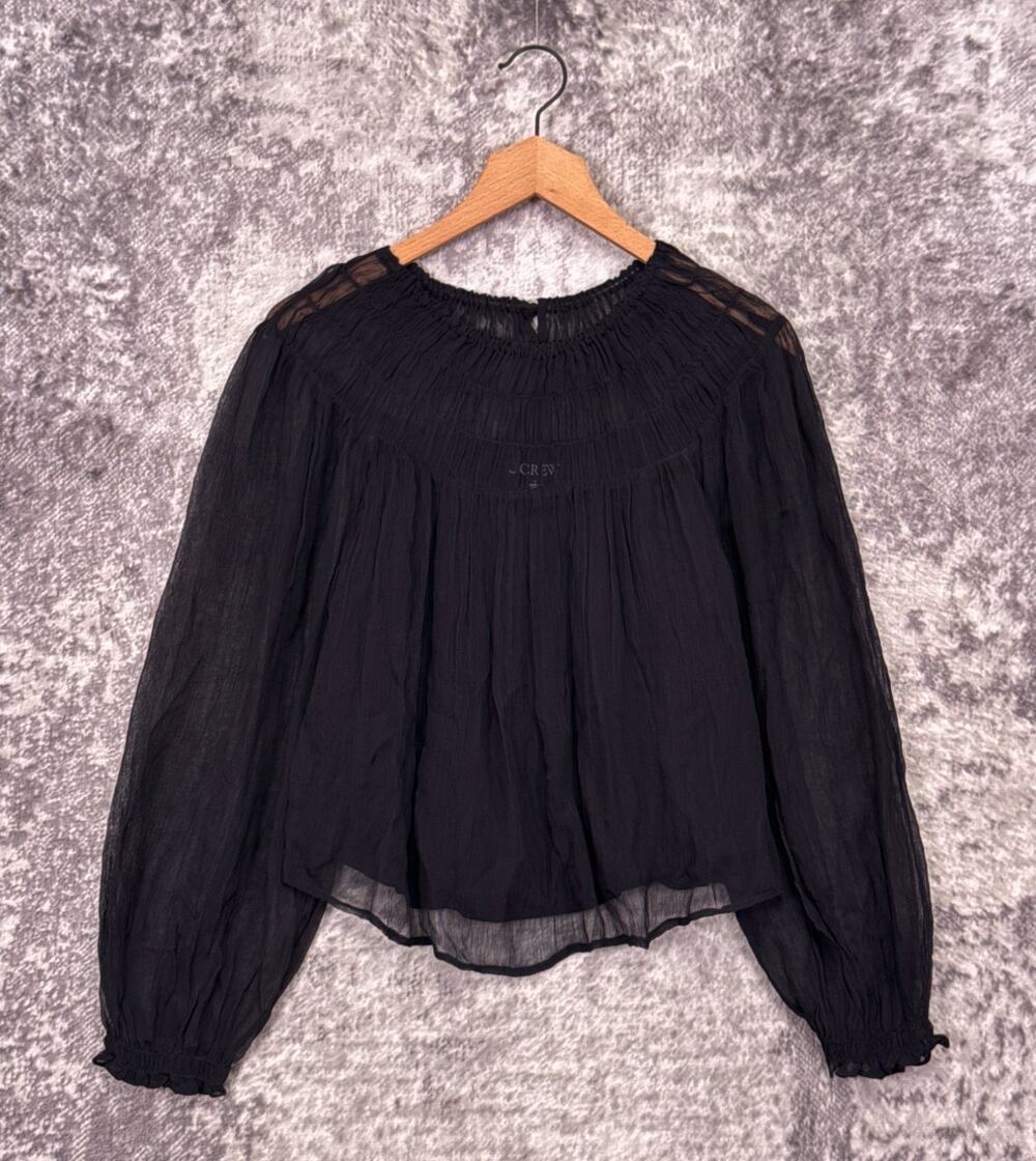 New J Crew Blouse Small Womens Drapey Shirred Top Crinkle Cupro Sheer Black